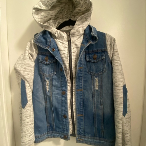 Kids/Youth Mixed Media Hooded Jean Jacket, Denim Size M - Picture 11 of 14